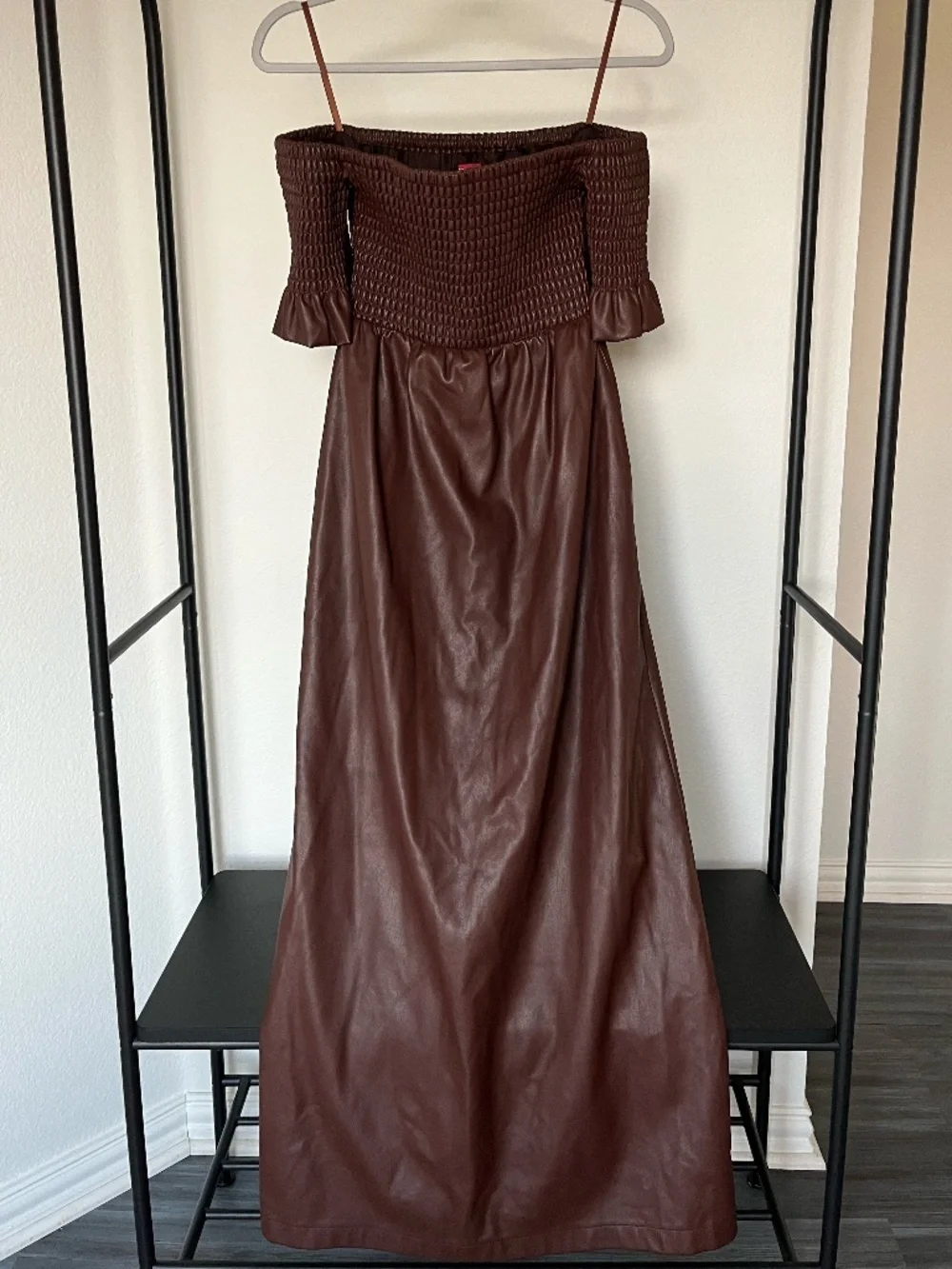STAUD | Mae Off-The-Shoulder Vegan Leather Maxi Dress in Bark | Size XS